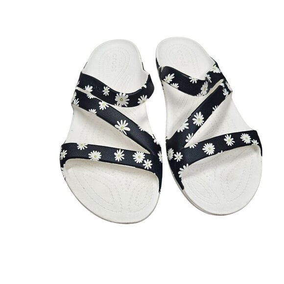 Crocs Womens‎ Daisy Print Black/White Slides Size W10 - Picture 2 of 8